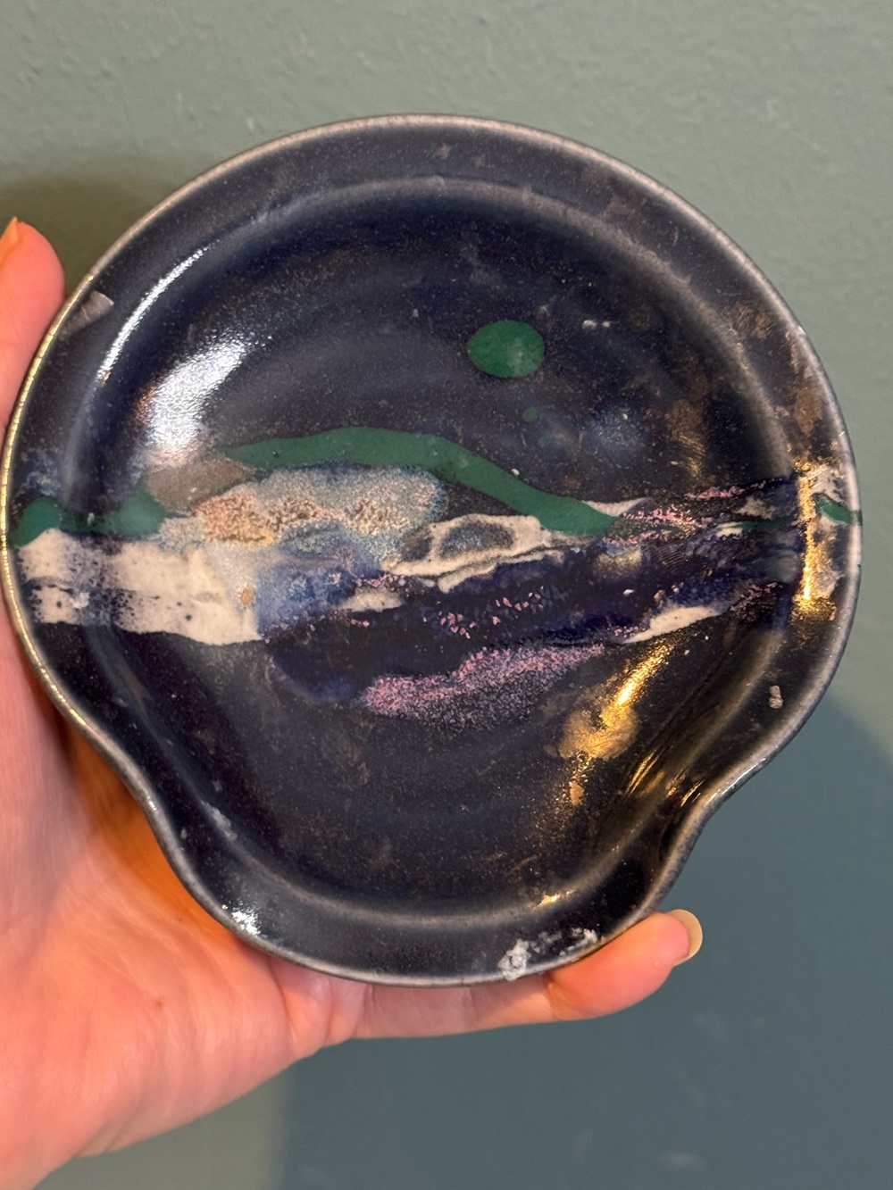 Studio Art Pottery Spoon Rest / Trinket Dish with Drip Glaze in Dark Blue